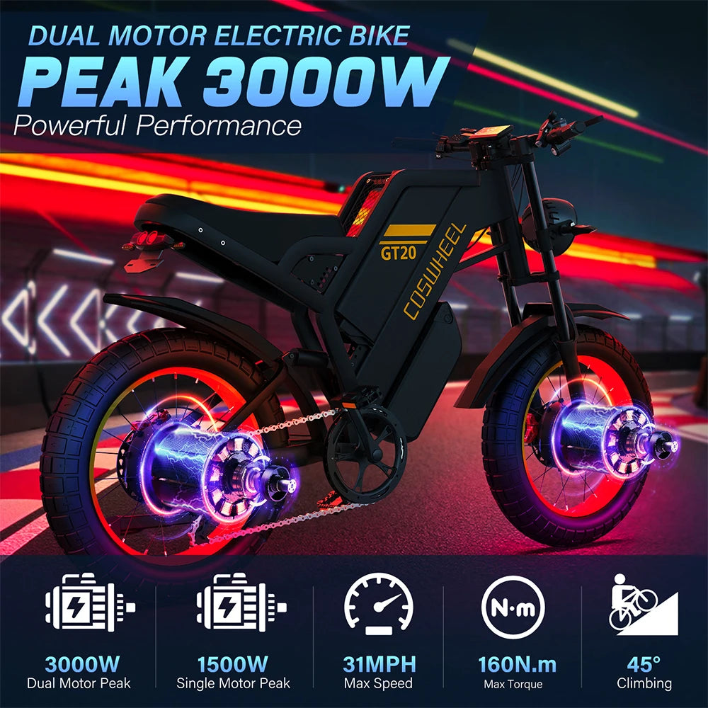 Coswheel Electric bike for Adult 3000W Dual Motor 40AH Battery Off-Road Motorcycle Mountain Bikes 20Inch Electric bike Fatbike