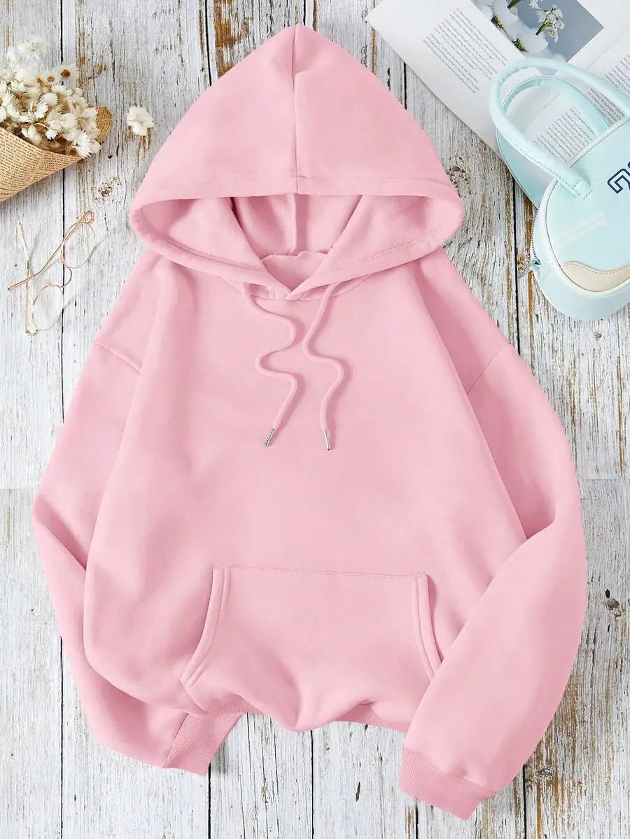 Soft Pink Kangaroo Pocket Hoodie with Drawstring, Loose Fit Long Sleeve Pullover for Women