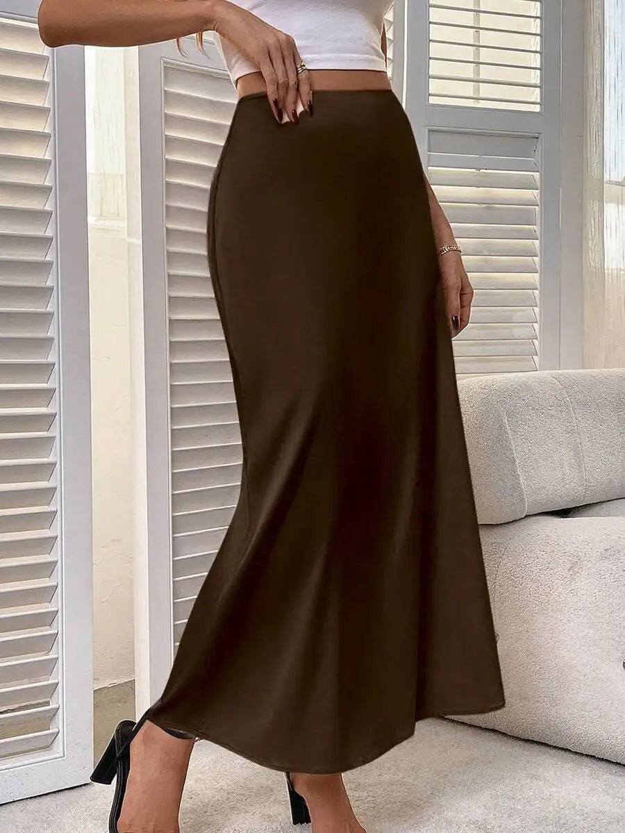 Women's Solid Brown Satin Midi Skirt with Side Slit and Slight Stretch