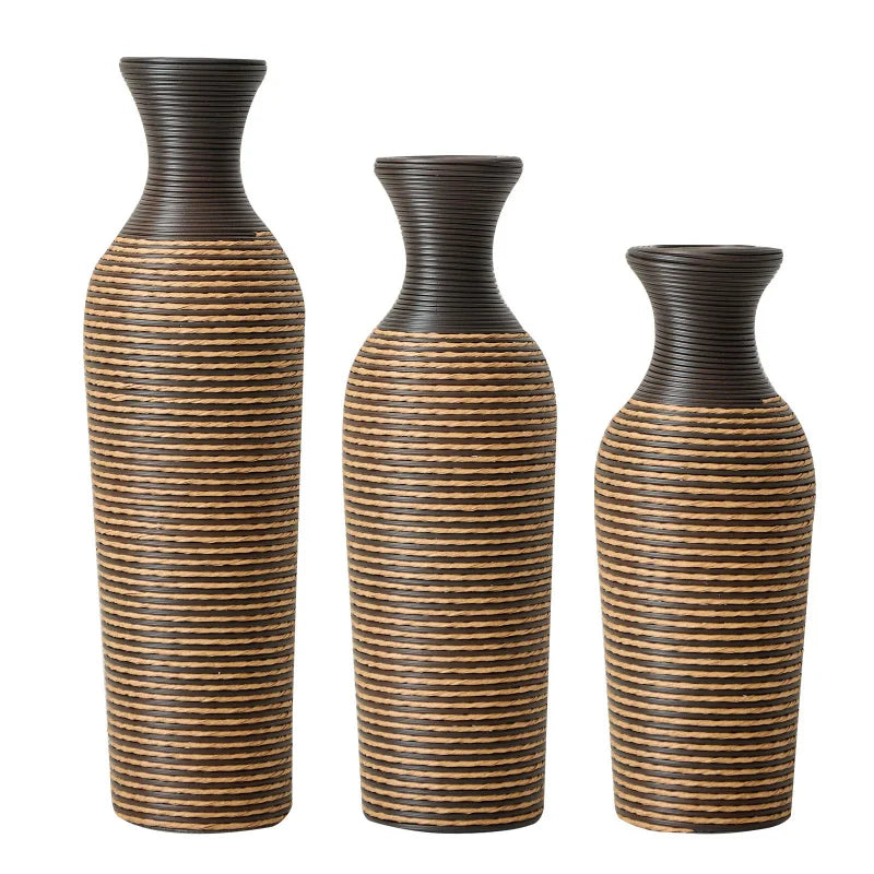 Set Of 3 Hand-Woven PVC Rattan Floor Vases 27.56in 23.62in 19.69in Tall Brown Striped Decorative Vases For Farmhouse Style USA