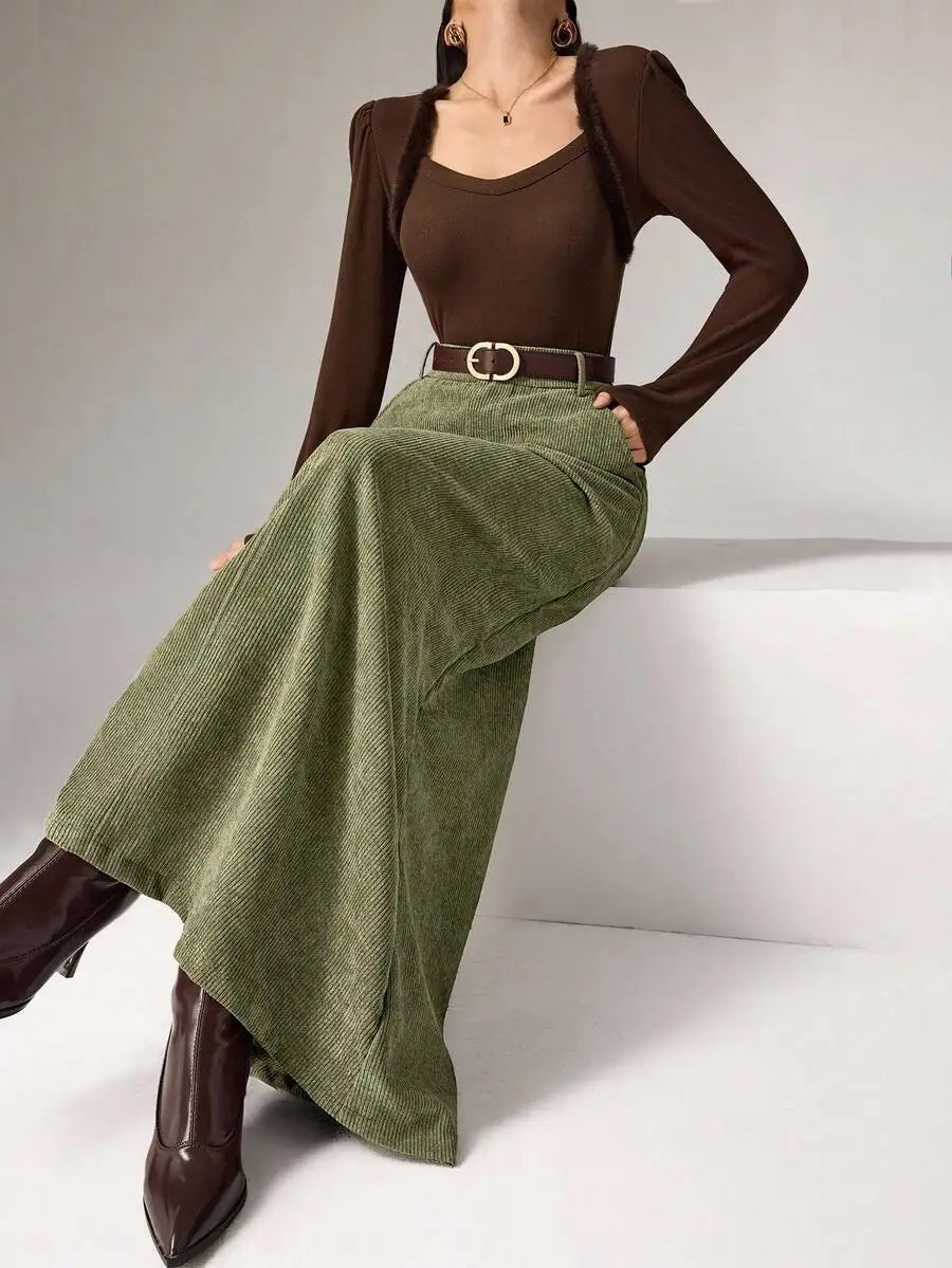 Women's Brown Solid Corduroy Midi Skirt with Belt, Loose Fit for Autumn Winter