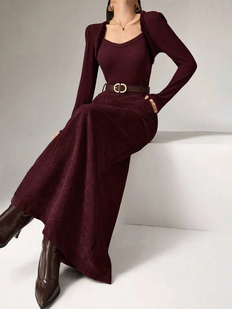 Women's Brown Solid Corduroy Midi Skirt with Belt, Loose Fit for Autumn Winter