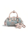 Pastel Pink Handle Bag with Embroidered Pagoda Motif, Boston Style Pillow Shape Crossbody for Women
