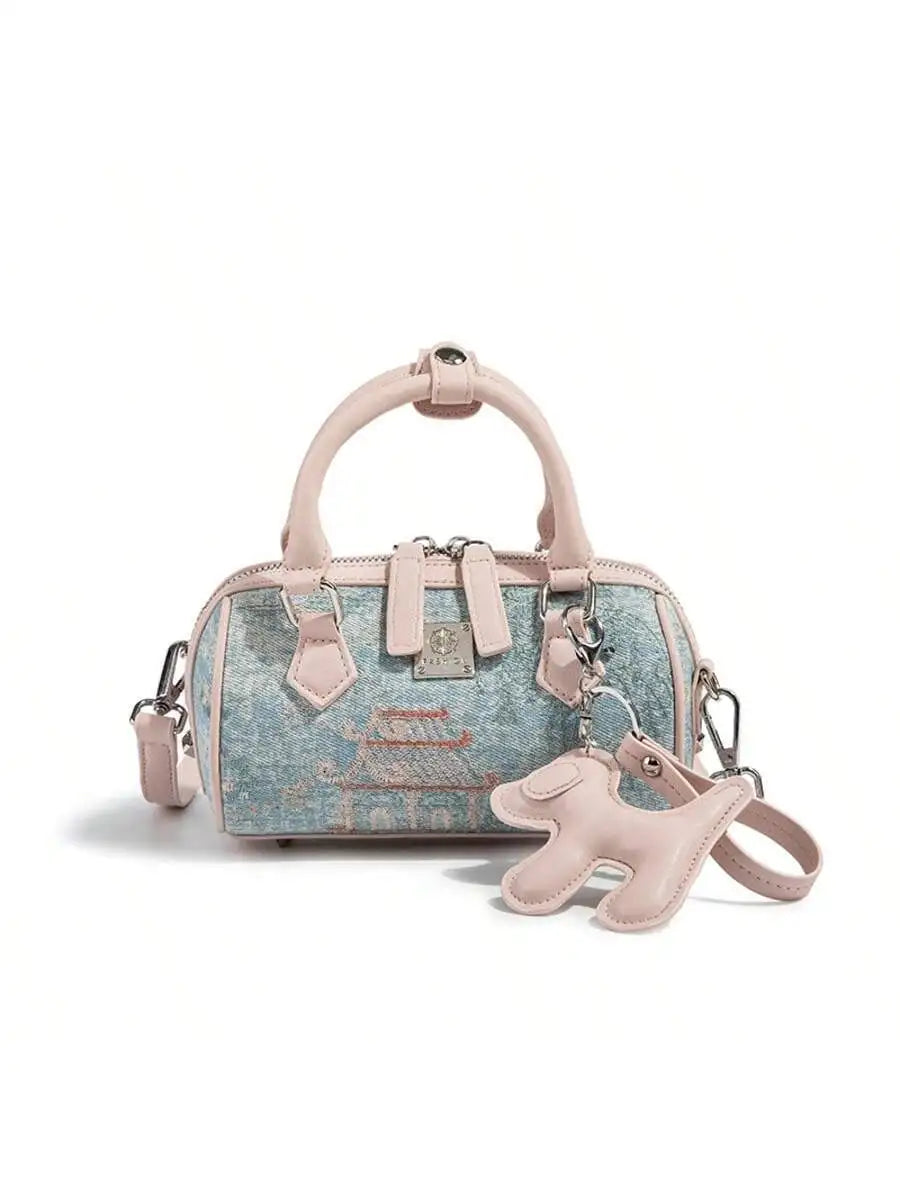 Pastel Pink Handle Bag with Embroidered Pagoda Motif, Boston Style Pillow Shape Crossbody for Women