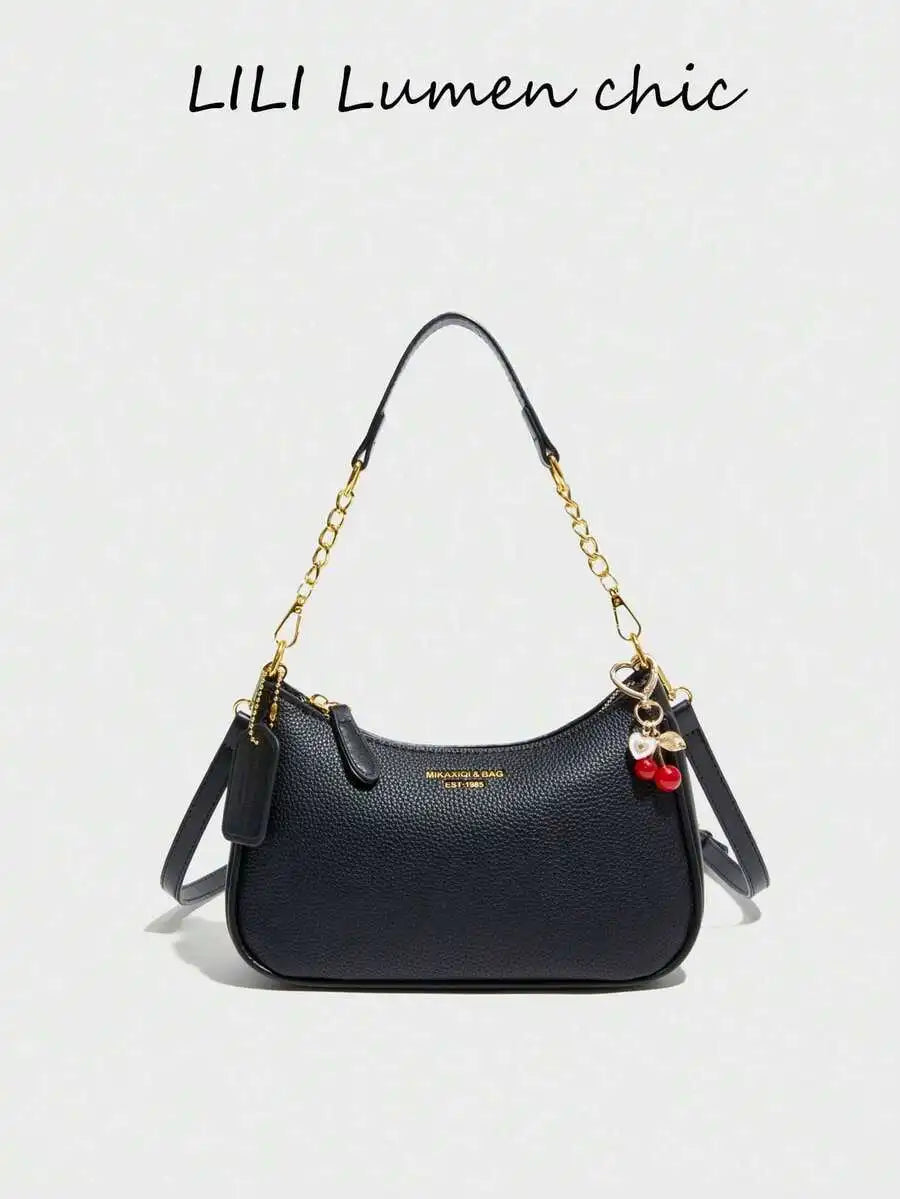 Black Pebbled PU Crescent Shoulder Bag with Gold Chain & Cherry Charm