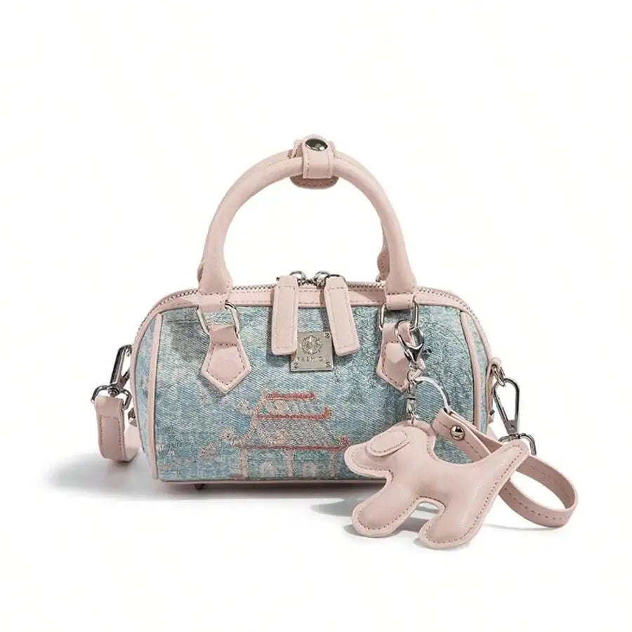 Pastel Pink Handle Bag with Embroidered Pagoda Motif, Boston Style Pillow Shape Crossbody for Women