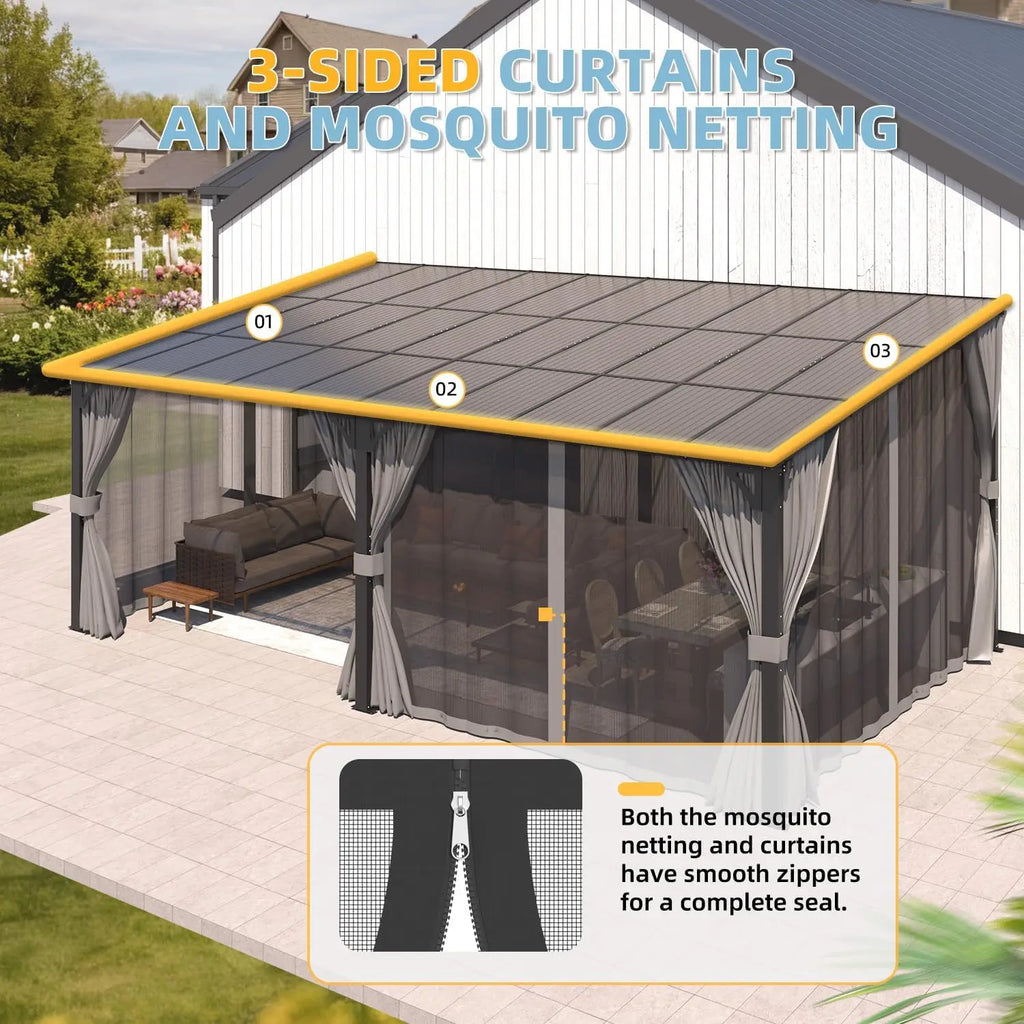 Large Wall Mounted Lean To Pergola Gazebo 20x12 Hard Top With Curtains Netting For Patio Lawn Backyard Garden Deck