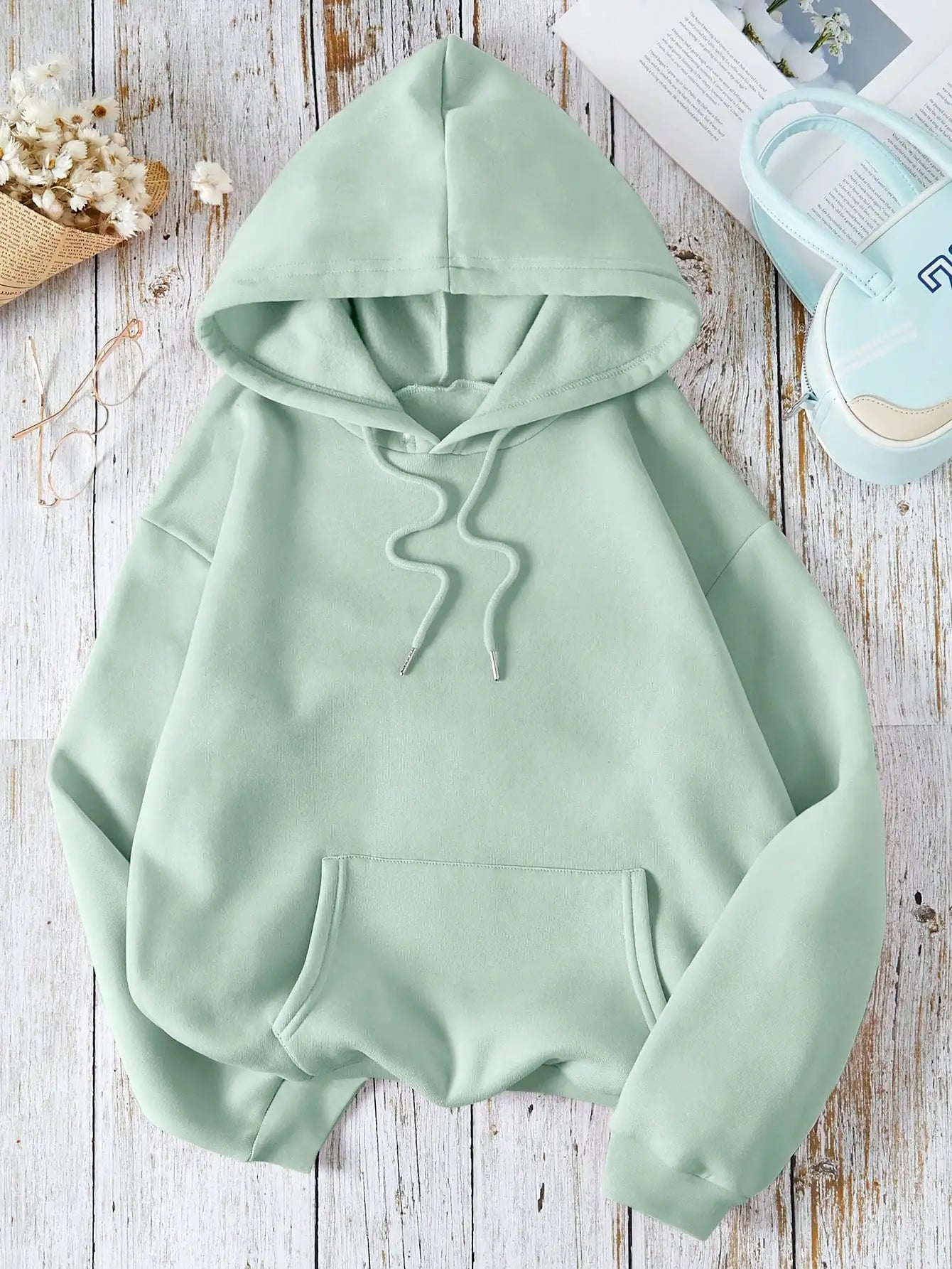 Soft Pink Kangaroo Pocket Hoodie with Drawstring, Loose Fit Long Sleeve Pullover for Women
