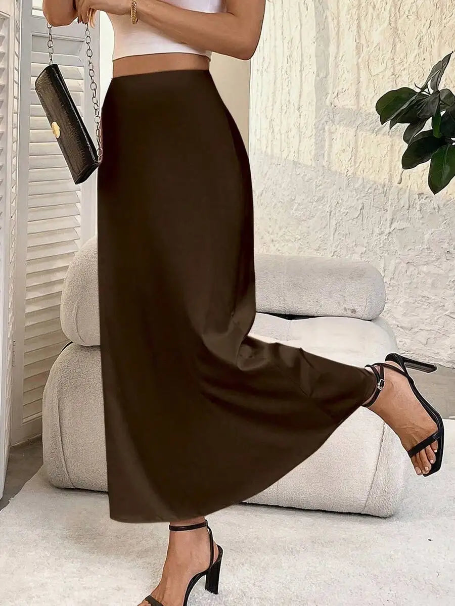 Women's Solid Brown Satin Midi Skirt with Side Slit and Slight Stretch
