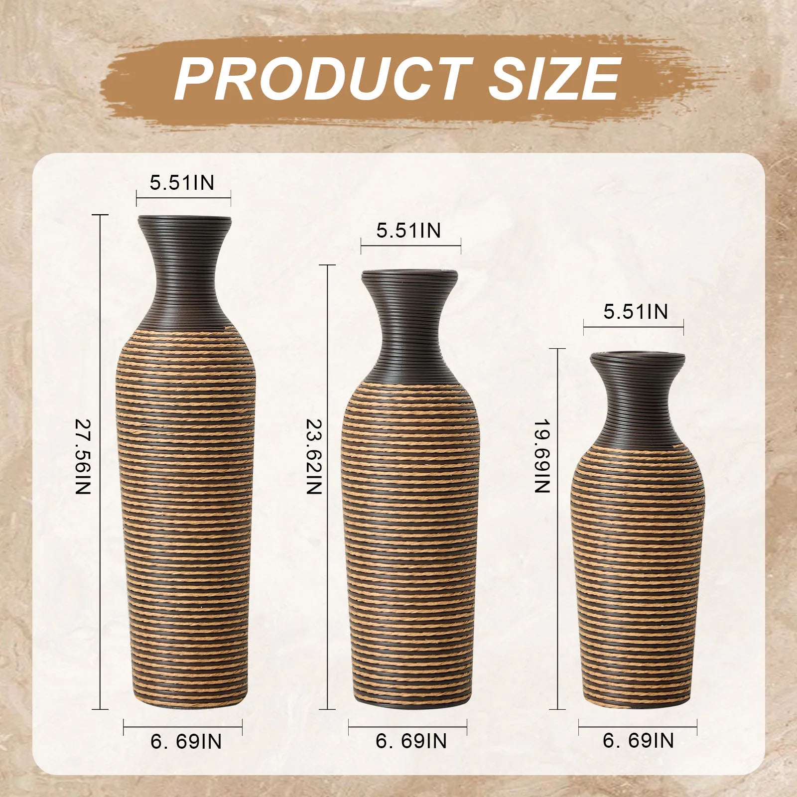 Set Of 3 Hand-Woven PVC Rattan Floor Vases 27.56in 23.62in 19.69in Tall Brown Striped Decorative Vases For Farmhouse Style USA