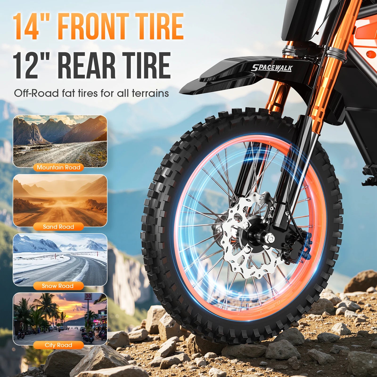 Spacewalk 48V Electric Dirt Bike for Adults, 3000W Peak Power Motor with 14"/12" Fat Tire, 37.5MPH 60 Miles Range Electric bike