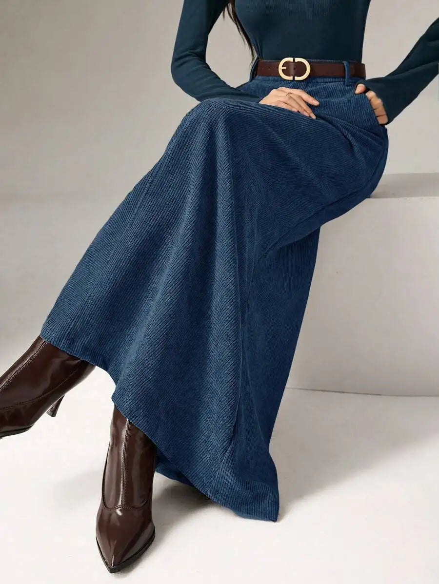 Women's Brown Solid Corduroy Midi Skirt with Belt, Loose Fit for Autumn Winter