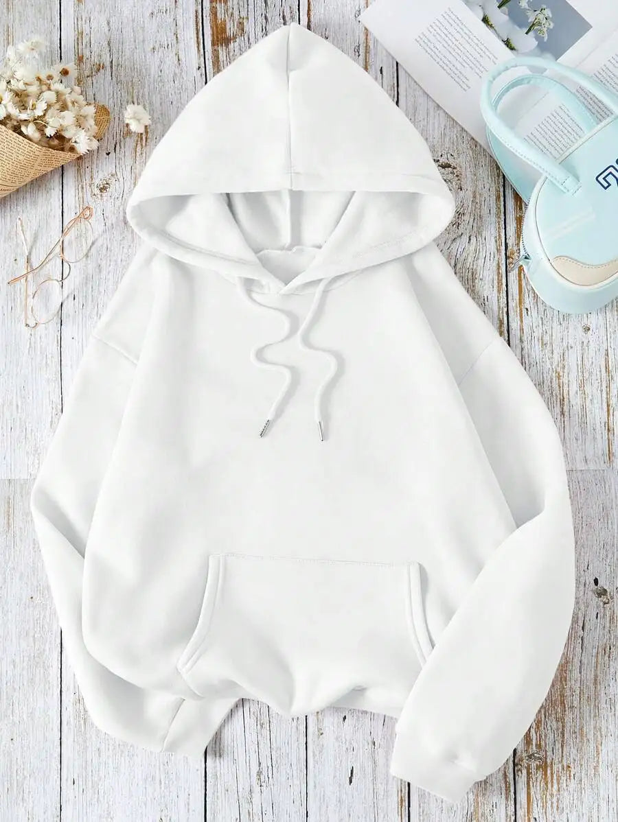 Soft Pink Kangaroo Pocket Hoodie with Drawstring, Loose Fit Long Sleeve Pullover for Women
