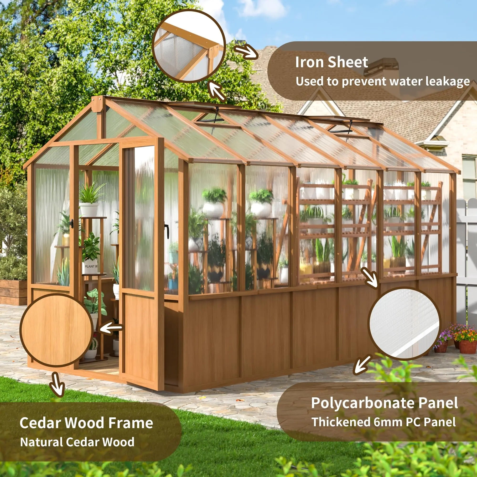 VIWAT Multiple Sizes Wooden Greenhouse, 6x8~8x16FT Wooden Greenhouse Vent Roof UV Protection for Backyard Garden Patio
