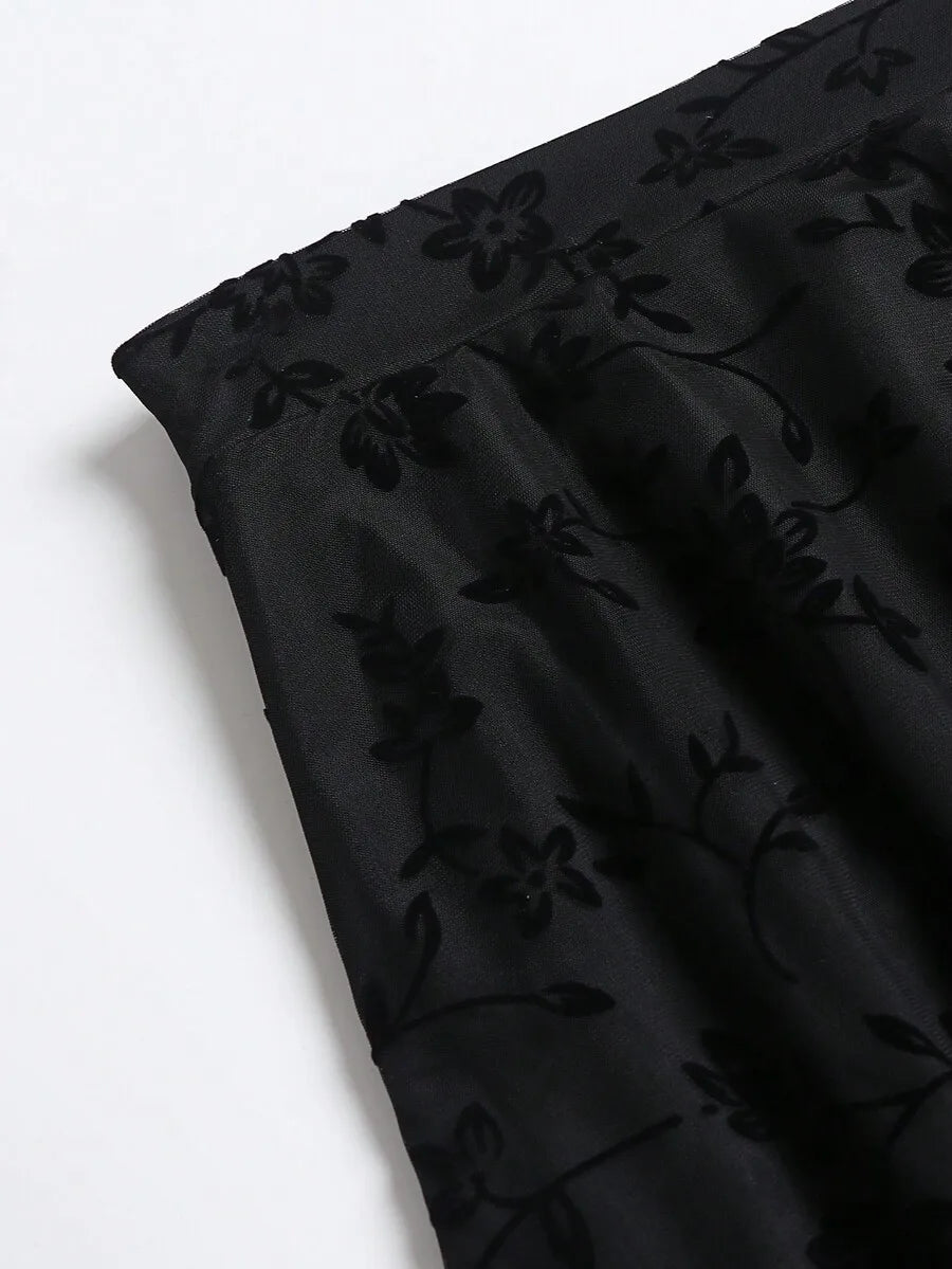 Women's High Waist Floral Embroidered Sheer Mesh A-Line Skirt, Vintage Romantic Style
