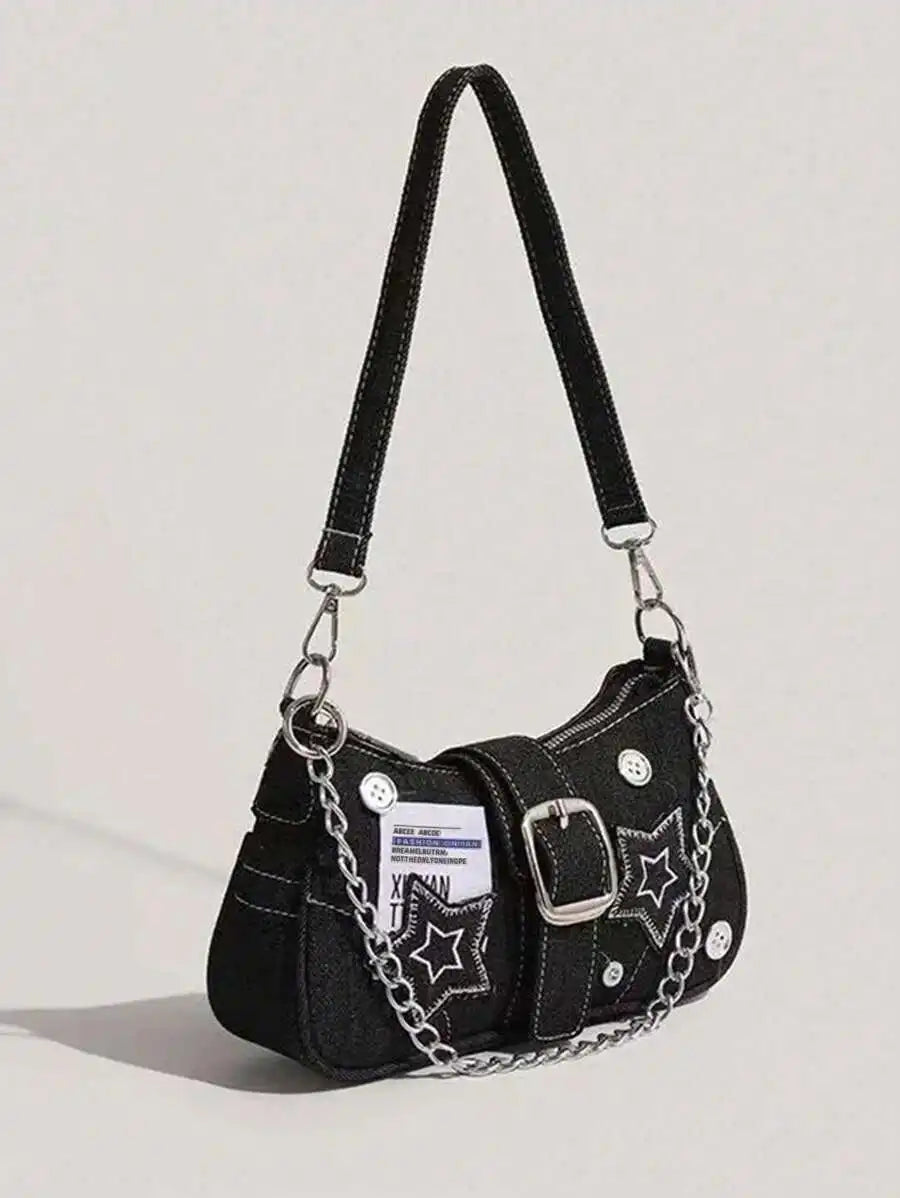 Black Denim Mini Saddle Bag with Star Embroidery, Chain Strap & Buckle Detail