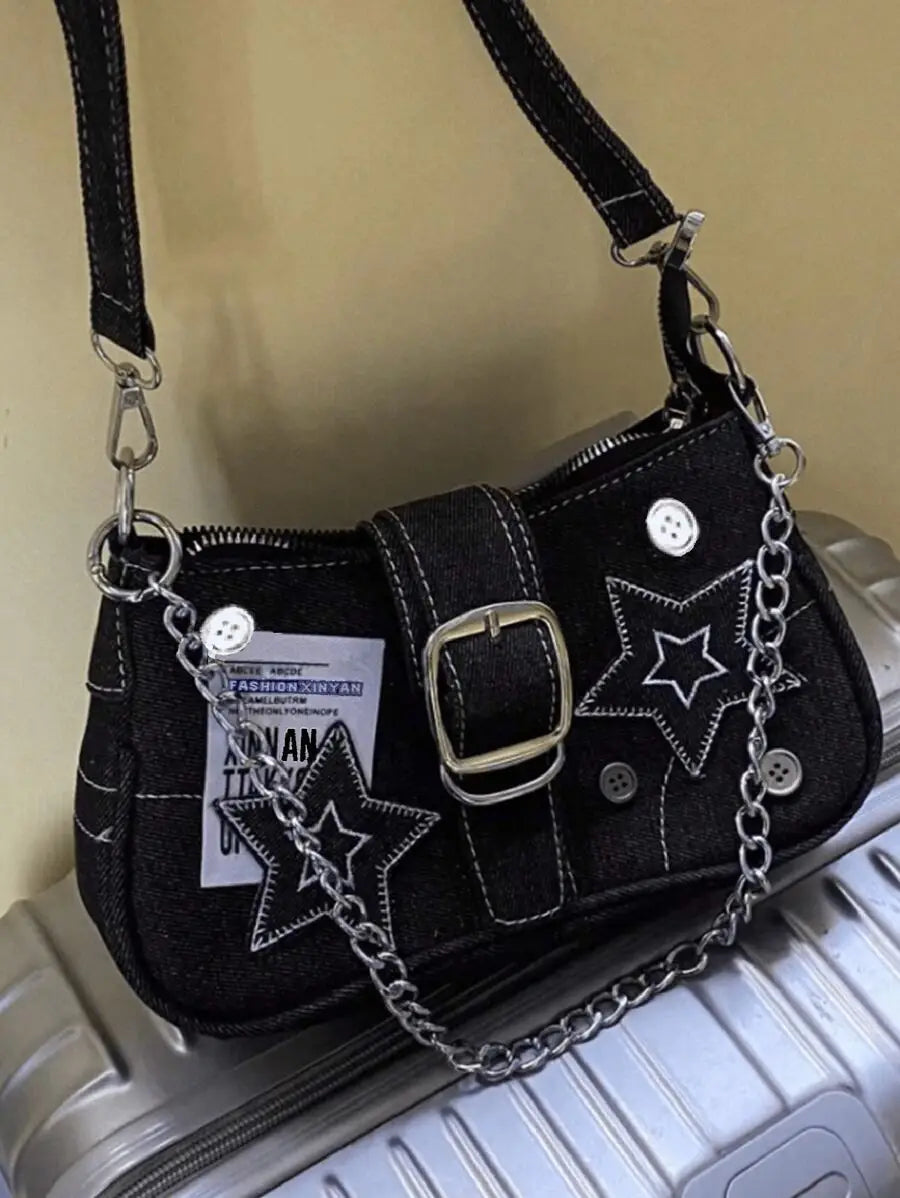 Black Denim Mini Saddle Bag with Star Embroidery, Chain Strap & Buckle Detail