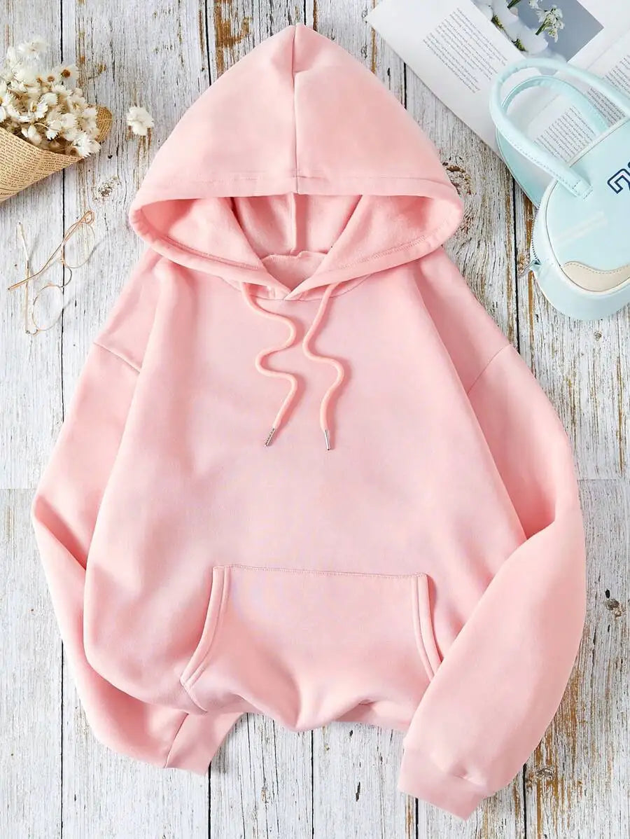 Soft Pink Kangaroo Pocket Hoodie with Drawstring, Loose Fit Long Sleeve Pullover for Women