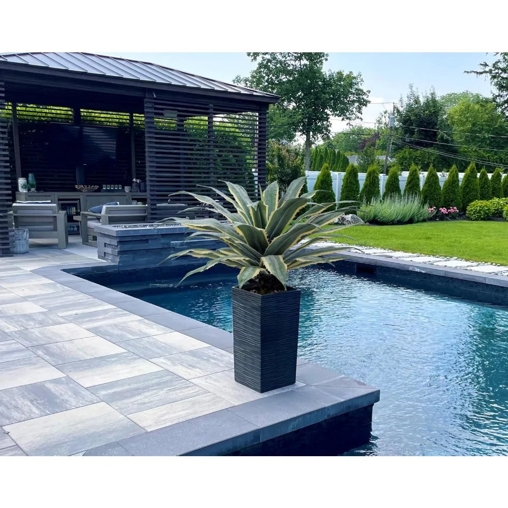 32 Inch Tall Large Faux Agave Plant with Two-Tone Sawtooth Edged Leaves; Planted in Black Pot with Real Stone Pebbles