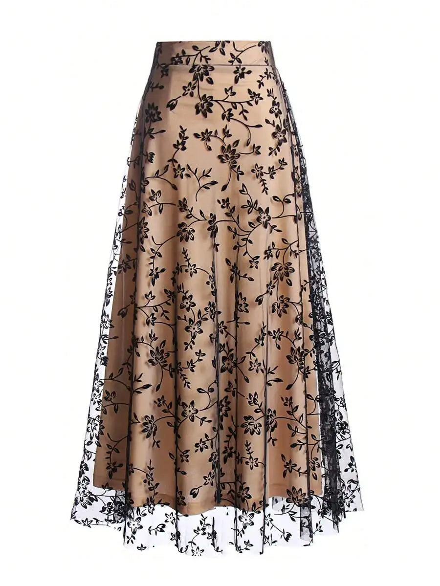 Women's High Waist Floral Embroidered Sheer Mesh A-Line Skirt, Vintage Romantic Style