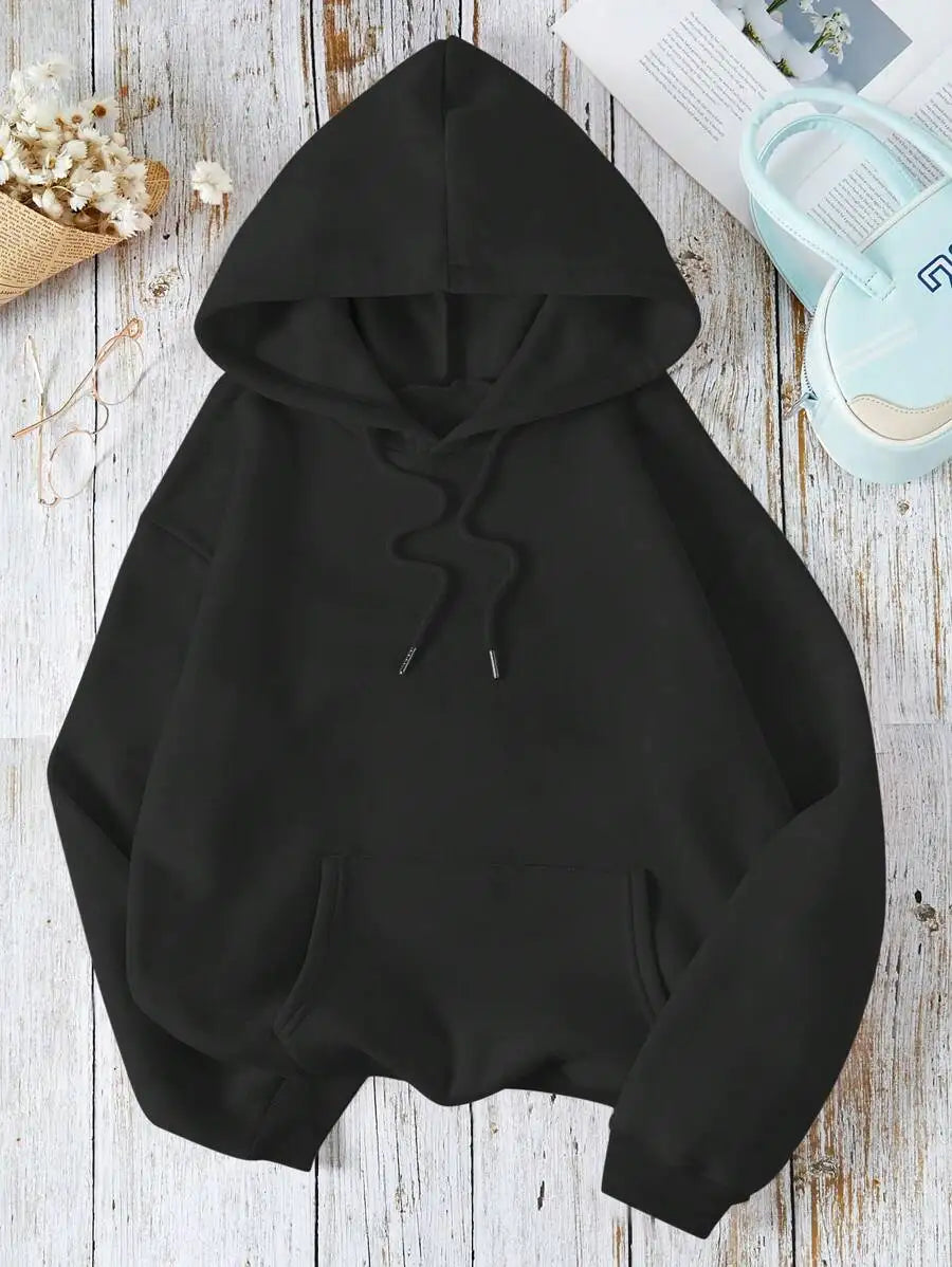 Soft Pink Kangaroo Pocket Hoodie with Drawstring, Loose Fit Long Sleeve Pullover for Women