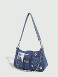 Black Denim Mini Saddle Bag with Star Embroidery, Chain Strap & Buckle Detail