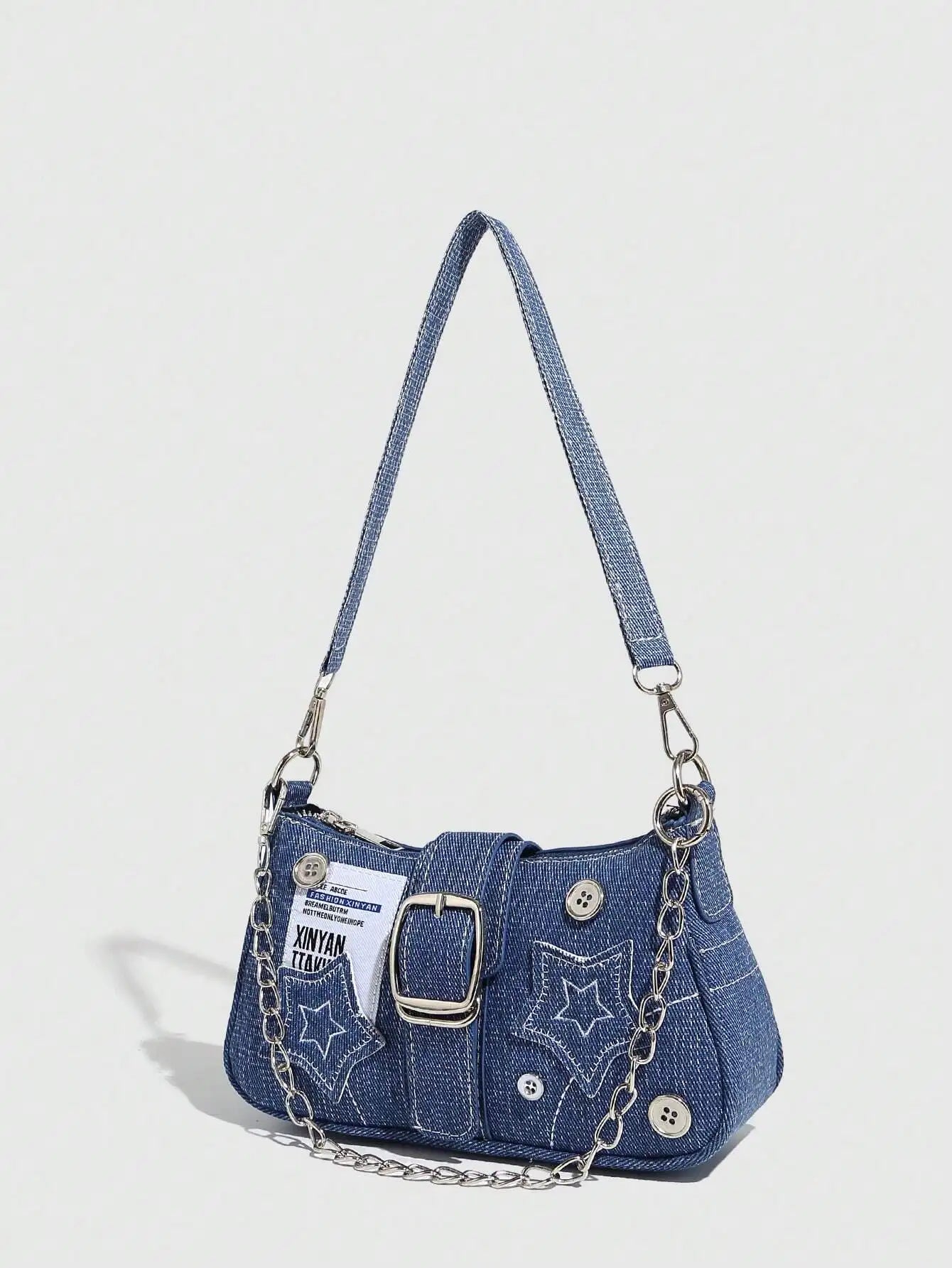 Black Denim Mini Saddle Bag with Star Embroidery, Chain Strap & Buckle Detail