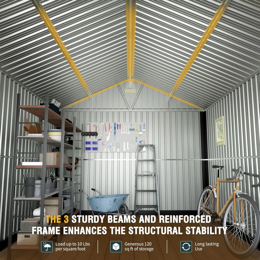10x12 Ft Outdoor Storage Shed, Extra Large Metal Shed with Lockable Doors, 2 Windows, Outside Steel Tiny House Ideal for Garden,