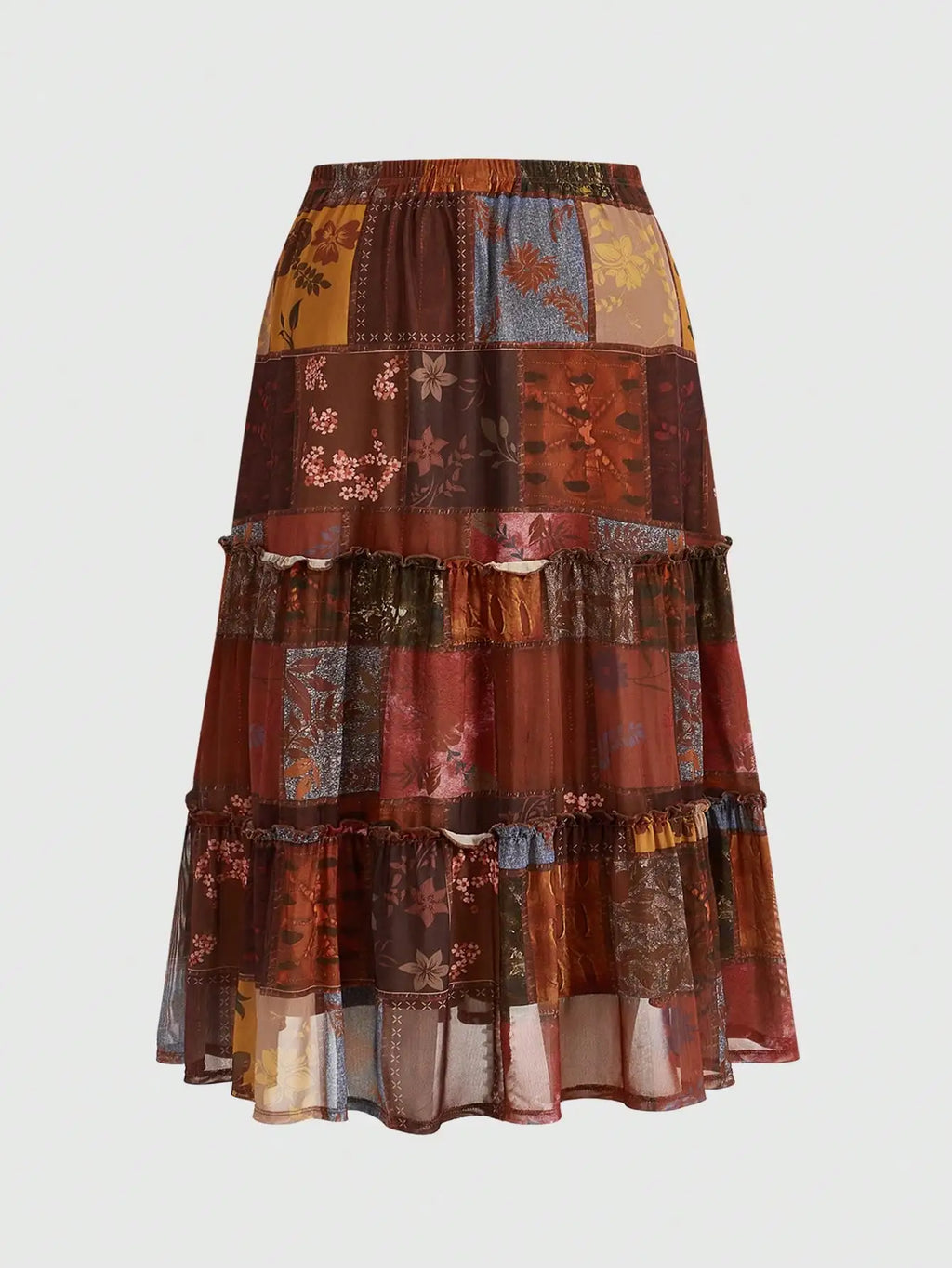 Plus Size Tiered Patchwork Print Vintage Midi Skirt with Ruffles