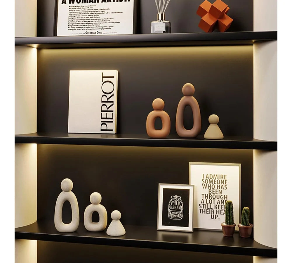 Modern Abstract Family of 3 Sculptures Home Decor Statues for Living Room Bookshelf TV Stand Grey