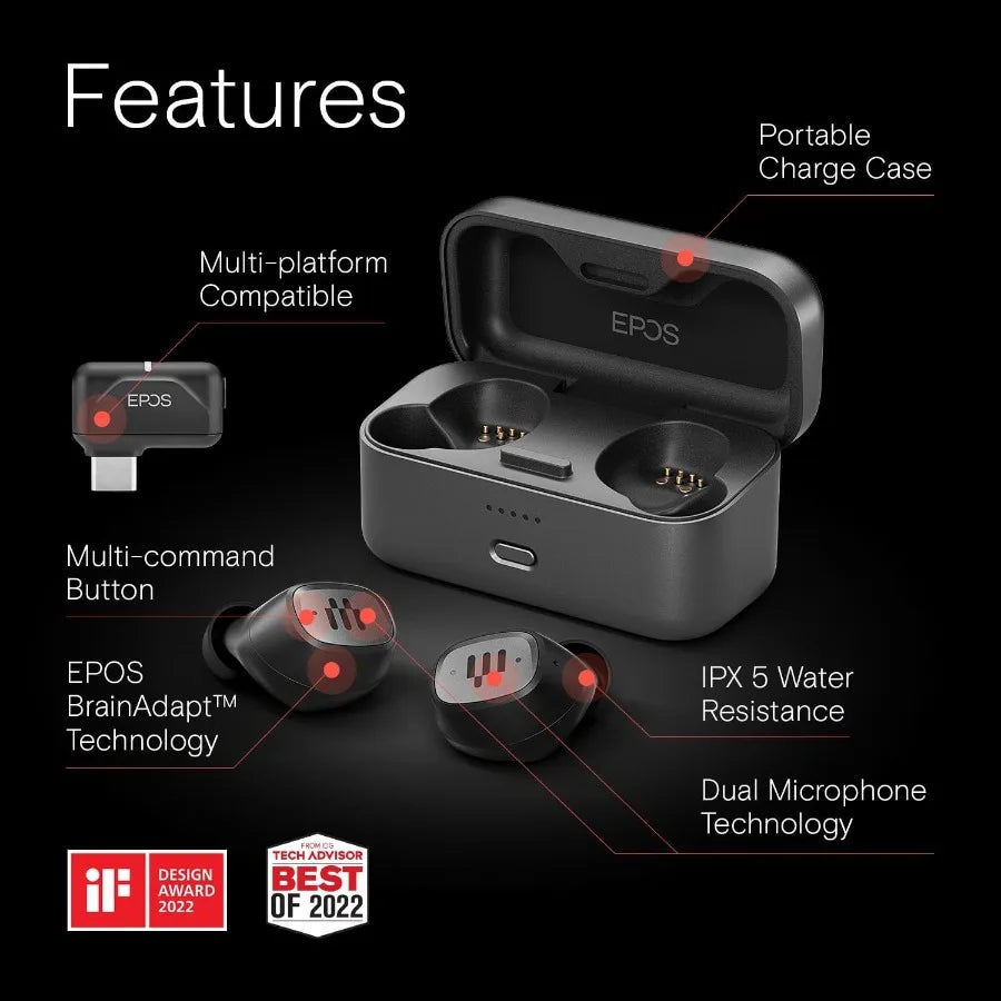 EPOS GTW 270 Hybrid Wireless Gaming Earbuds Bluetooth and USB-C Dongle Noise Reducing Closed Design Dual Mics Ergonomic Fit IPX