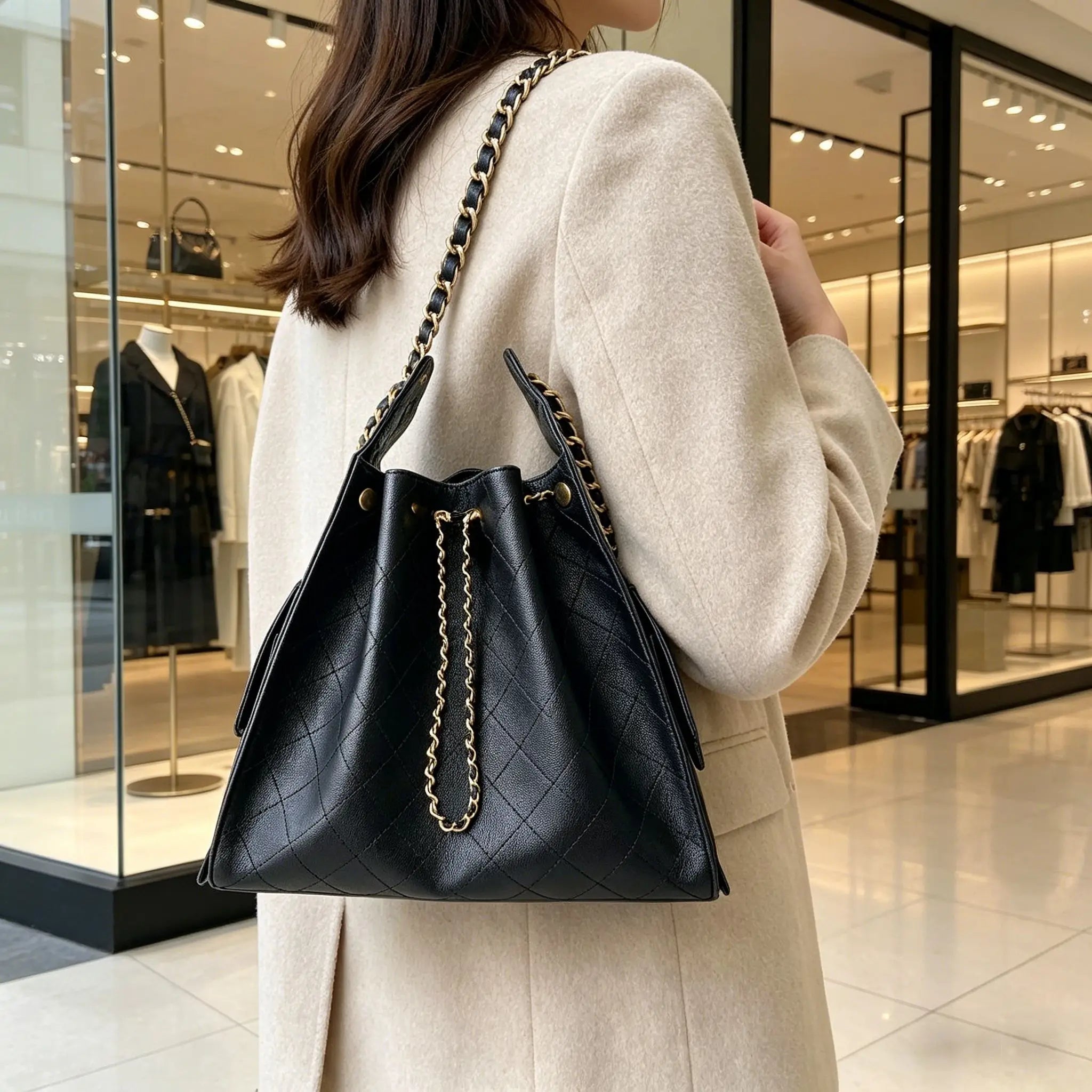 Spring Summer Commuter Bucket Bag Chain Shoulder Crossbody Grid Small Fragrance Style Soft Leather Bag Luxury bag