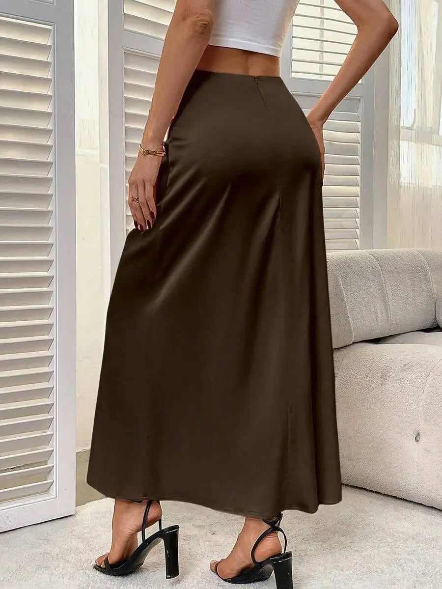 Women's Solid Brown Satin Midi Skirt with Side Slit and Slight Stretch