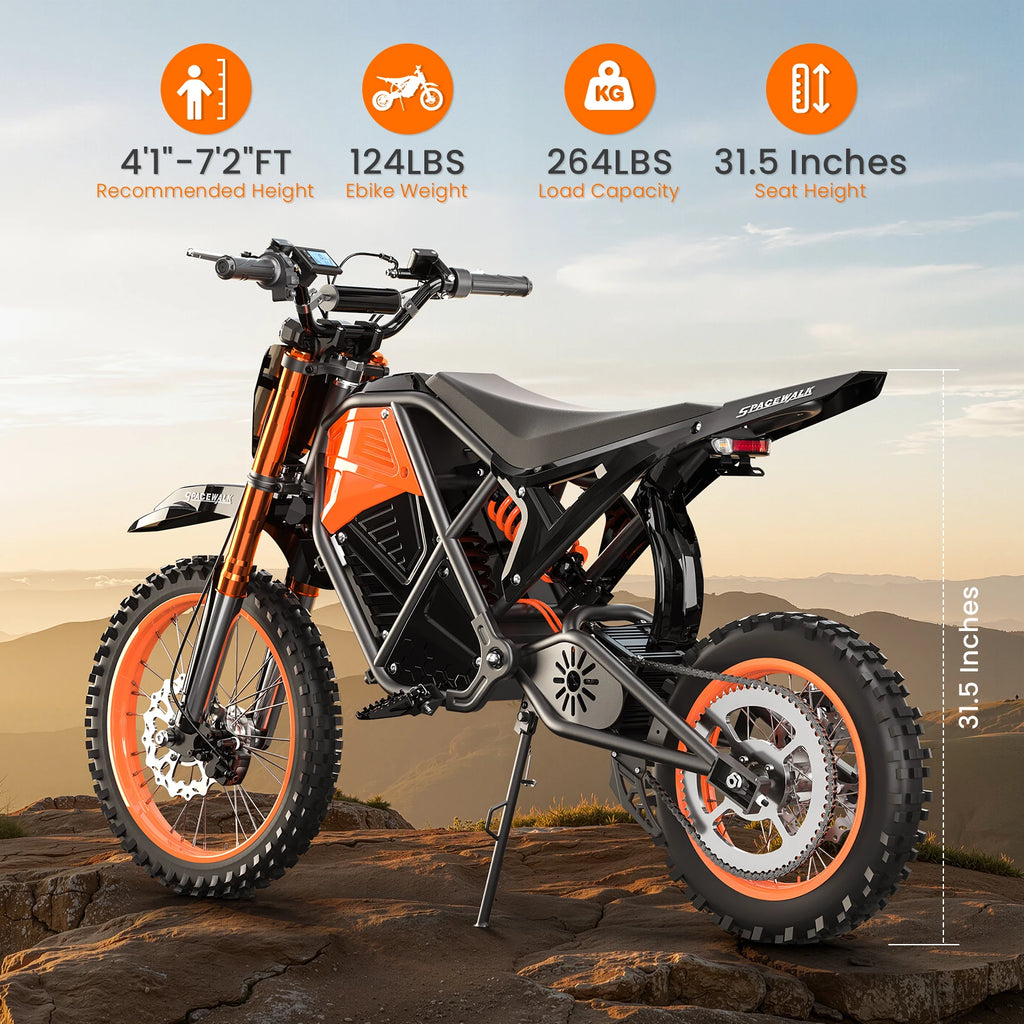 Spacewalk 48V Electric Dirt Bike for Adults, 3000W Peak Power Motor with 14"/12" Fat Tire, 37.5MPH 60 Miles Range Electric bike