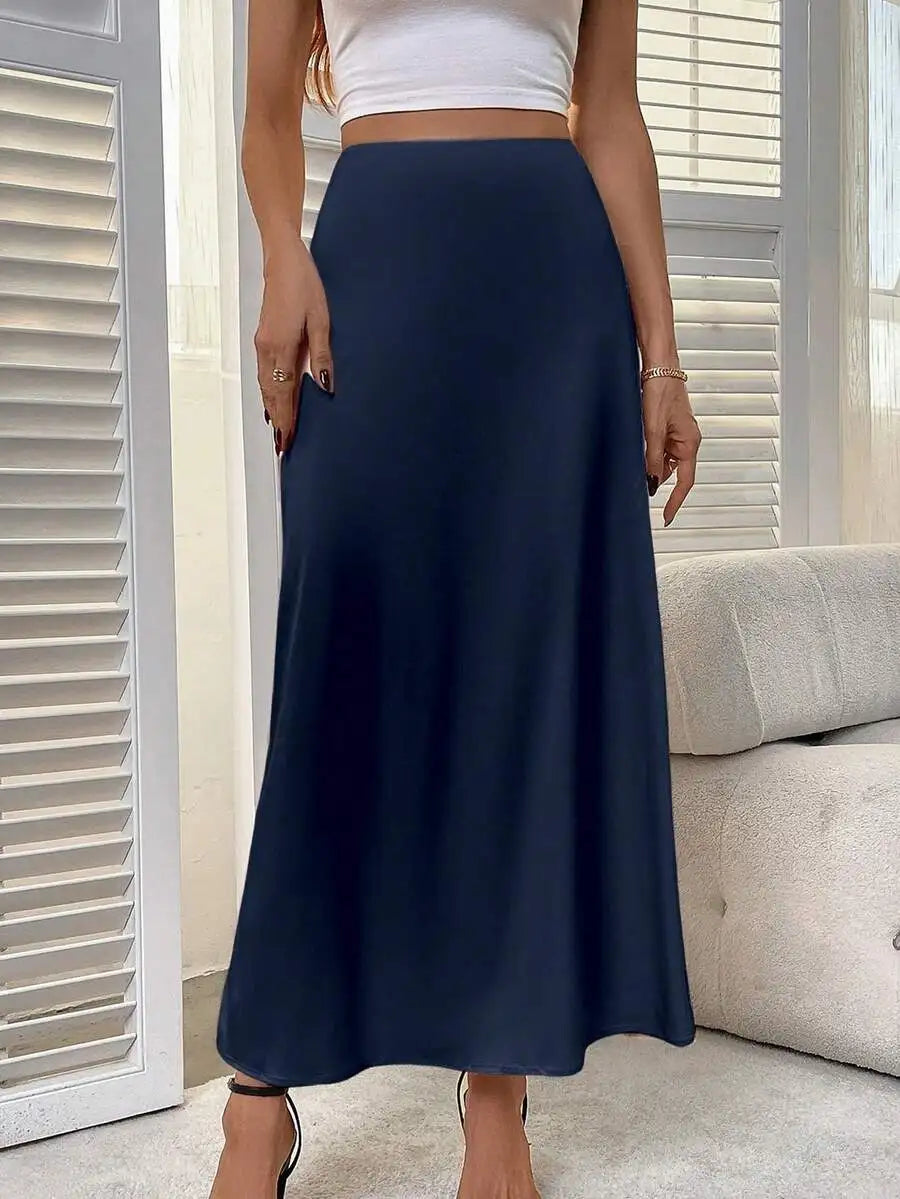 Women's Solid Brown Satin Midi Skirt with Side Slit and Slight Stretch