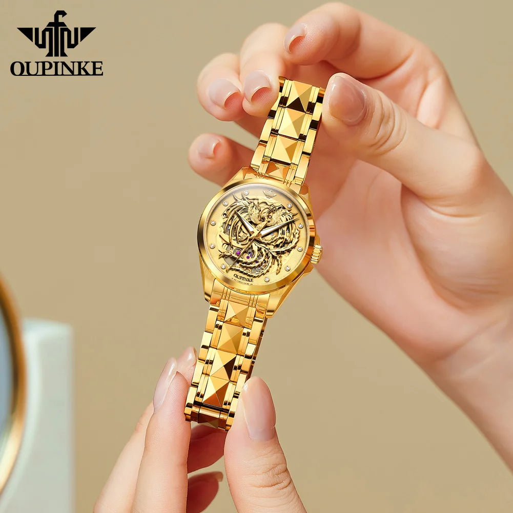 OUPINKE Top Luxury Women's Watches Golden Phoenix Dial Original Automatic Mechanical Watch for Lady Waterproof Luminous Gift Set