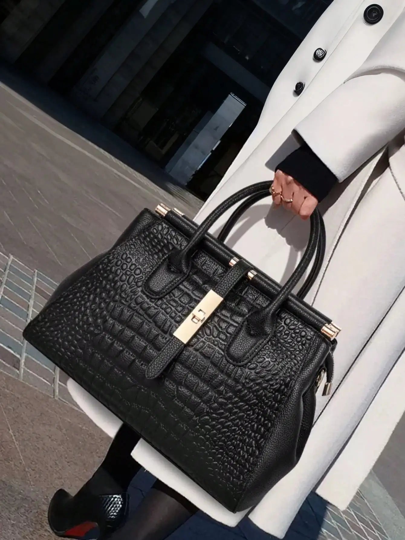 Crocodile-Embossed PU Leather Top-Handle Bag for Women, Large Capacity Office Bag