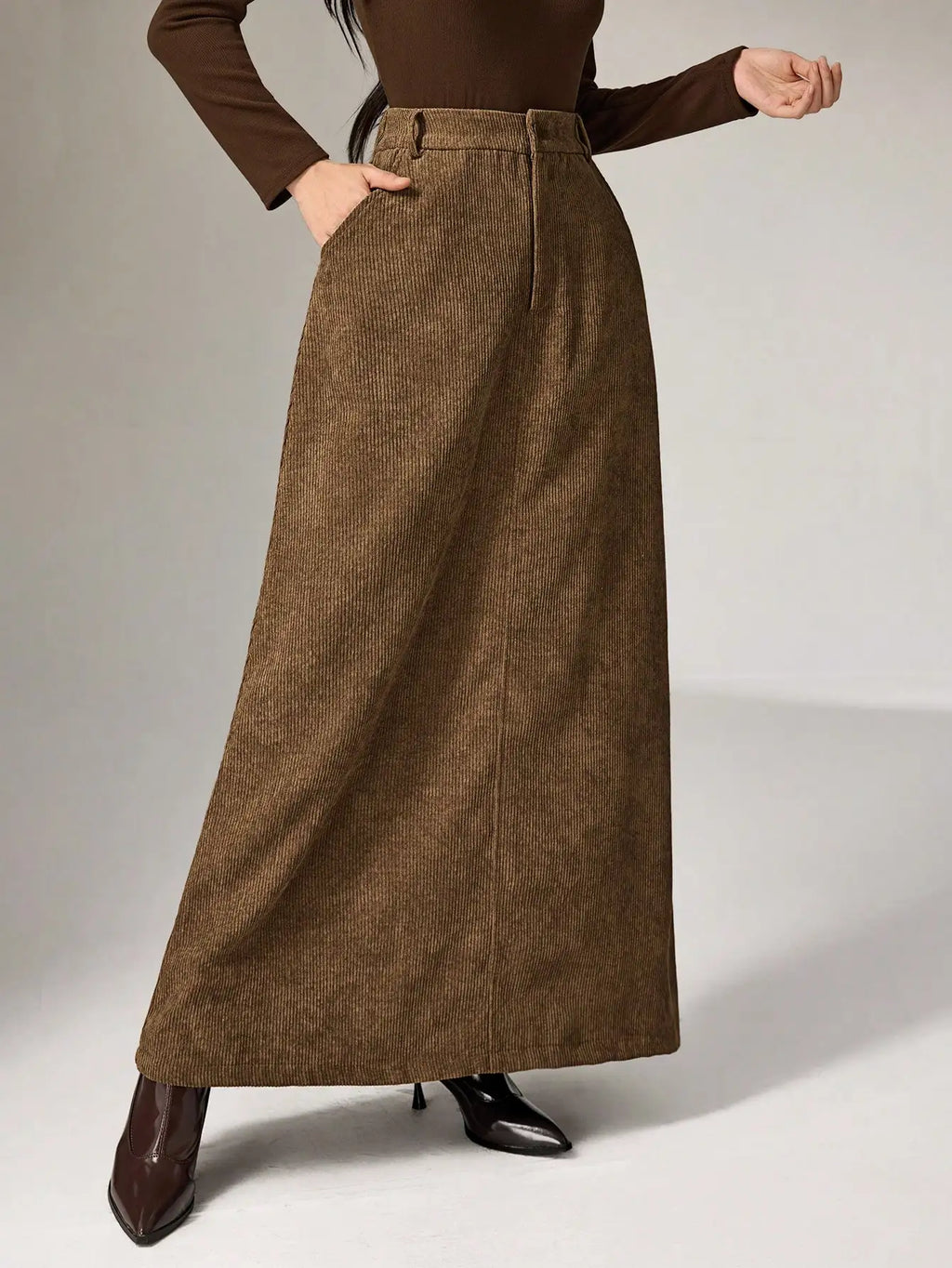 Women's Brown Solid Corduroy Midi Skirt with Belt, Loose Fit for Autumn Winter