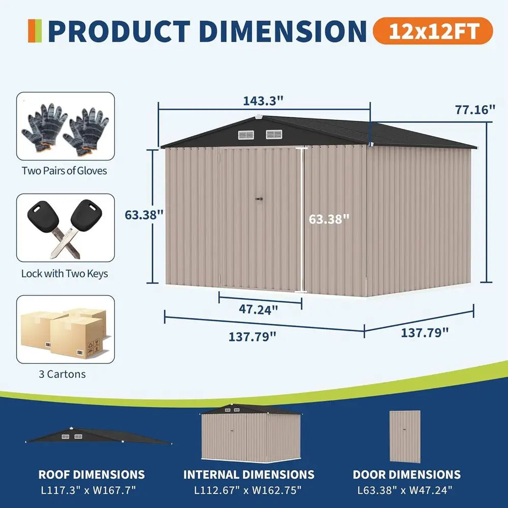 12x12 Outdoor Metal Storage Shed, Secure Lockable Door, Garden & Patio Utility Building with Air Vent