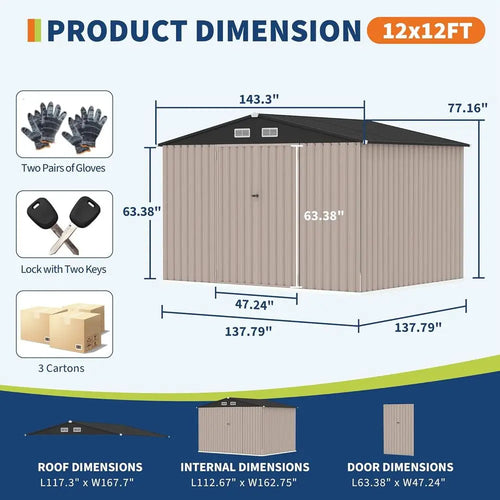 12x12 Outdoor Metal Storage Shed, Secure Lockable Door, Garden & Patio Utility Building with Air Vent