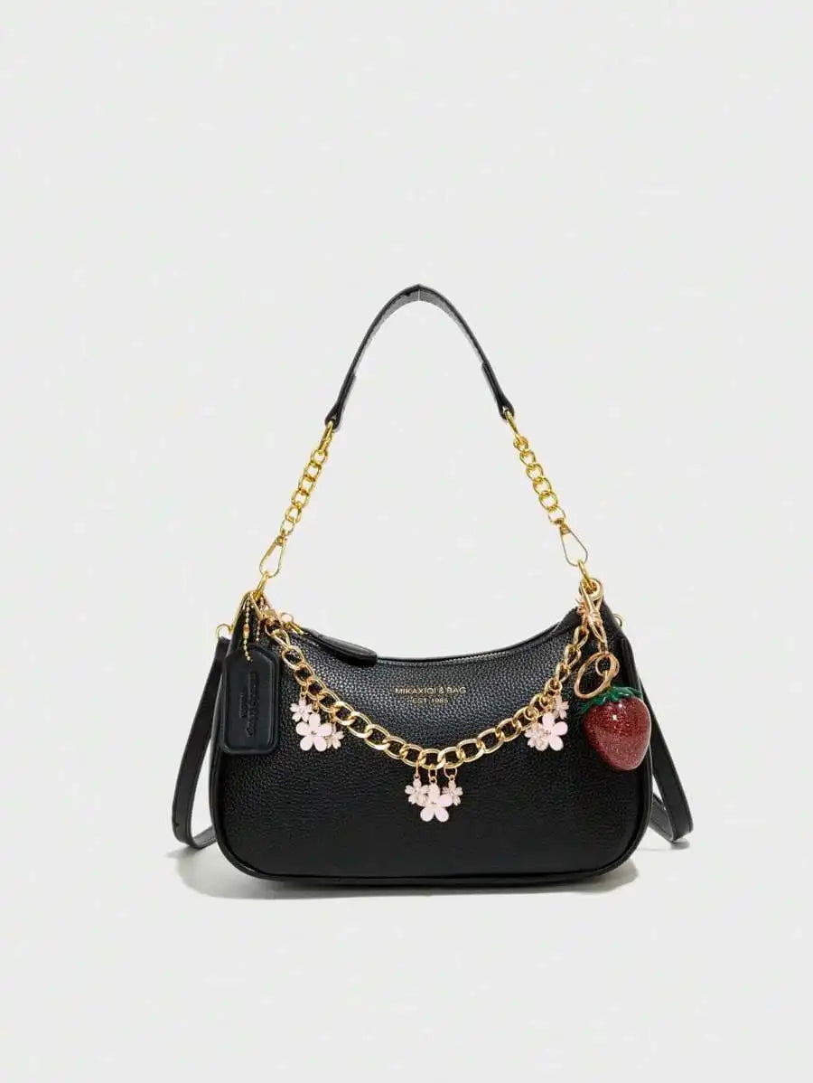 Black Pebbled PU Crescent Shoulder Bag with Gold Chain & Cherry Charm
