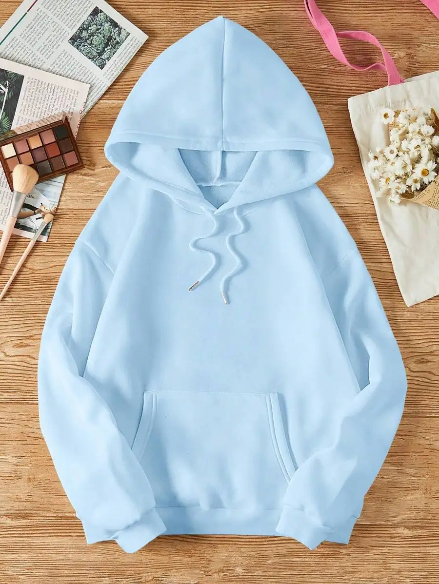 Soft Pink Kangaroo Pocket Hoodie with Drawstring, Loose Fit Long Sleeve Pullover for Women