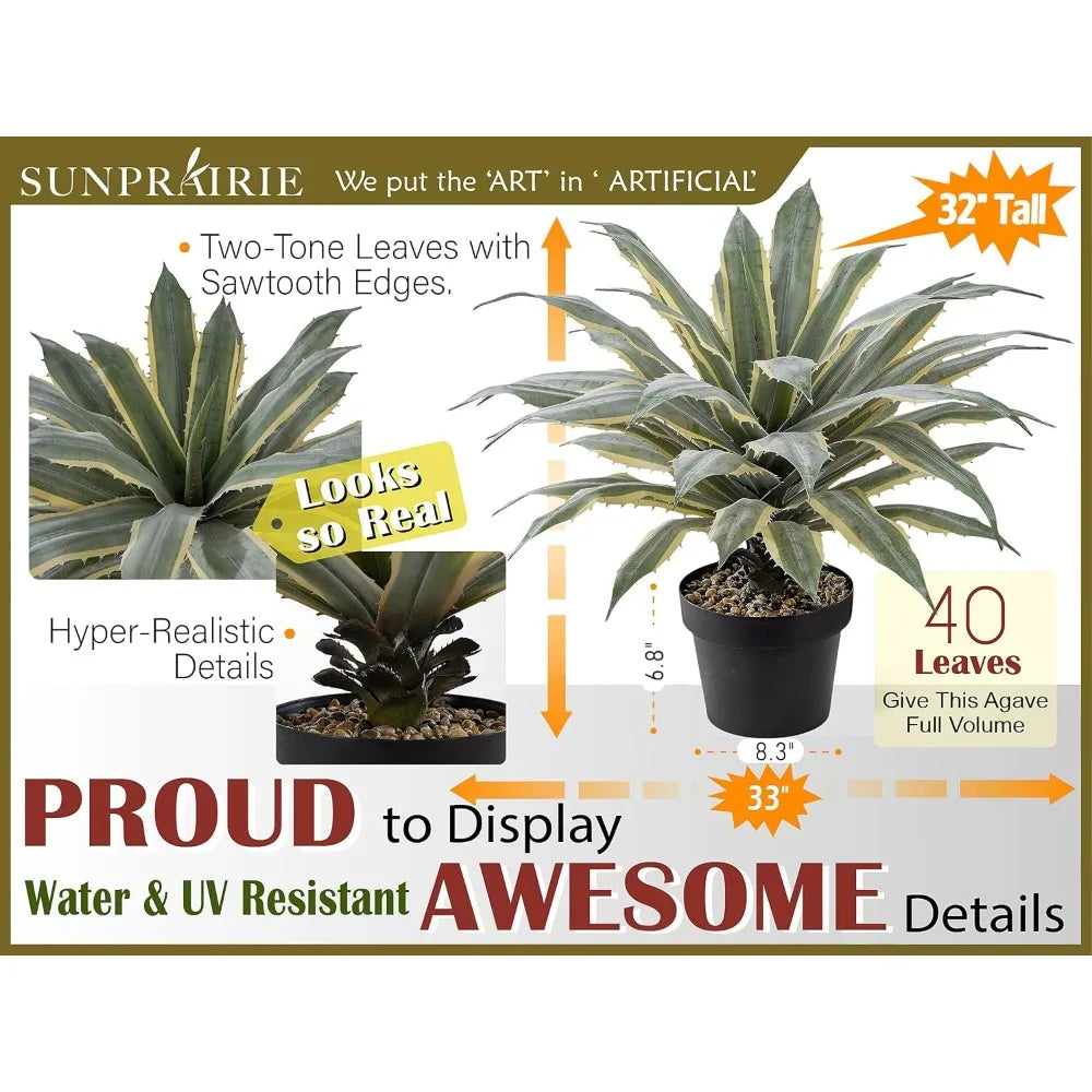 32 Inch Tall Large Faux Agave Plant with Two-Tone Sawtooth Edged Leaves; Planted in Black Pot with Real Stone Pebbles