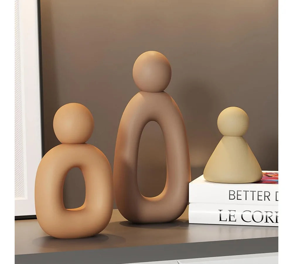 Modern Abstract Family of 3 Sculptures Home Decor Statues for Living Room Bookshelf TV Stand Grey