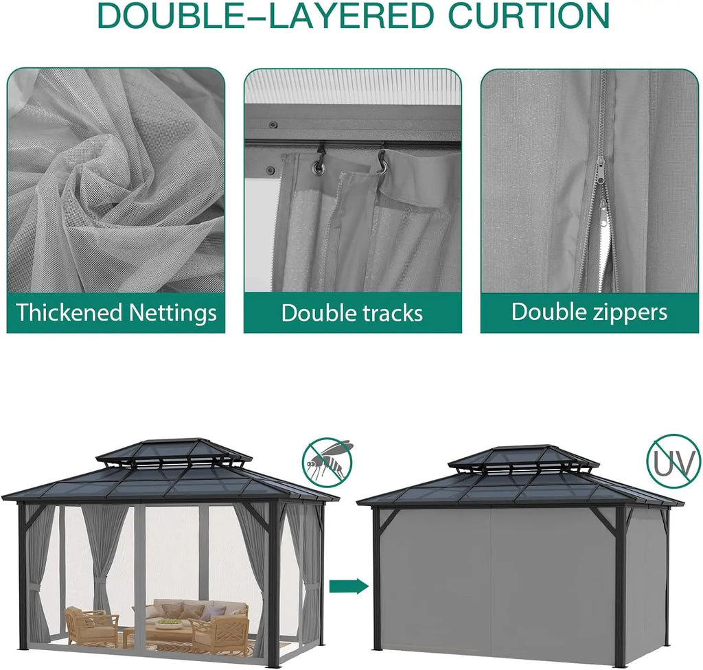 10x13 FT Hardtop Gazebo Aluminum Framed Outdoor Polycarbonate Double Roof Canopy Pavilion Netting Curtains for Patio Lawn Deck G