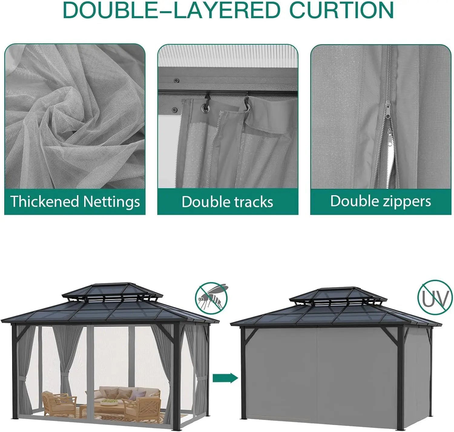 10x13 FT Hardtop Gazebo Aluminum Framed Outdoor Polycarbonate Double Roof Canopy Pavilion Netting Curtains for Patio Lawn Deck G