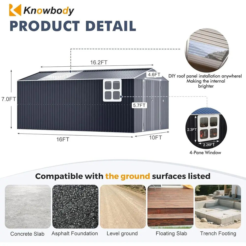 10x16 Large Galvanized Steel Garden Shed with Custom Skylight and Reinforced Structure
