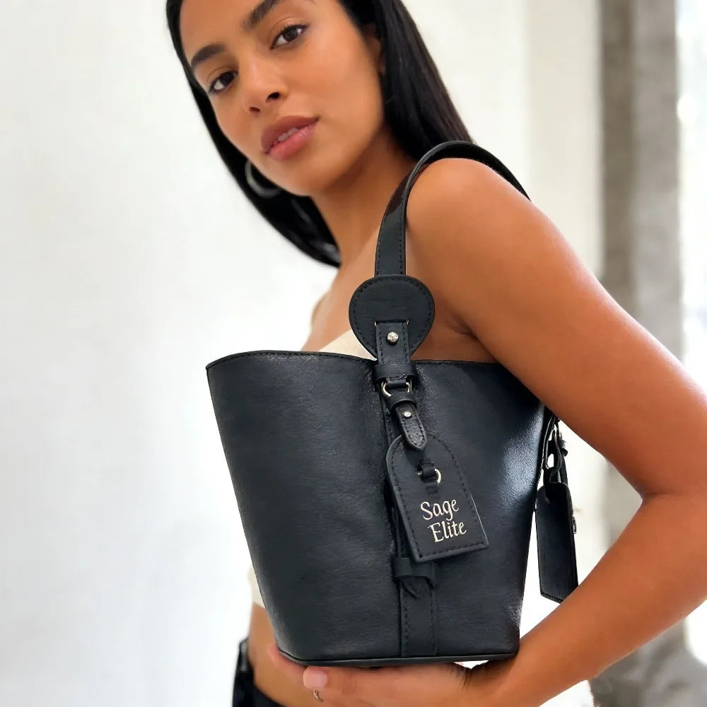 Sage Elite Black Leather Bucket Bag Women's Fashion Lock Decor Crossbody Handbag Stylish Daily Casual Purse with Sage Elite Tag