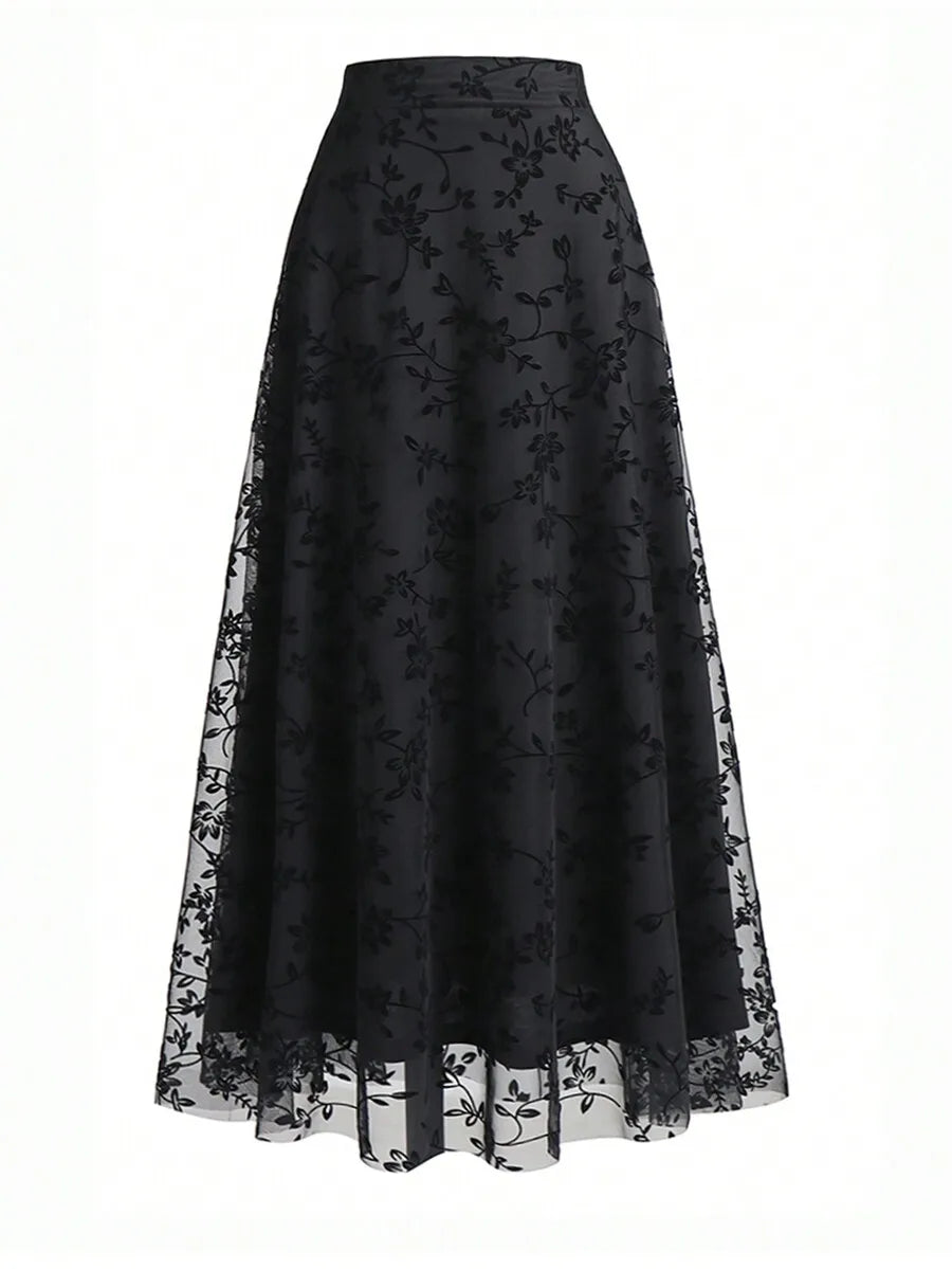 Women's High Waist Floral Embroidered Sheer Mesh A-Line Skirt, Vintage Romantic Style