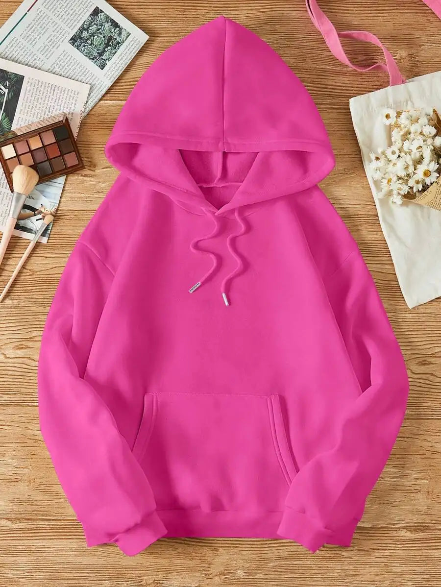 Soft Pink Kangaroo Pocket Hoodie with Drawstring, Loose Fit Long Sleeve Pullover for Women